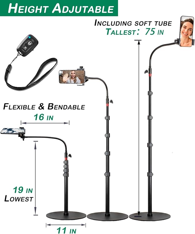 Phone Overhead Stand, Gooseneck Phone Floor Stand, Tall Video Cell Phone Mount - Image 3
