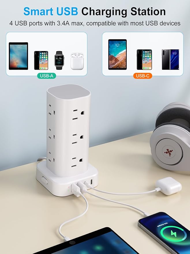Power Strip Tower with Wireless Charger, Flat Plug Surge Protector Tower with - Image 5