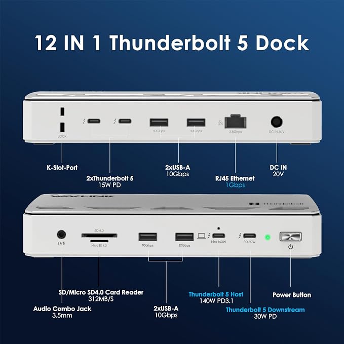 WAVLINK Thunderbolt 5 Docking Station, 12-in-1 Thunderbolt 5 Dock - Image 2