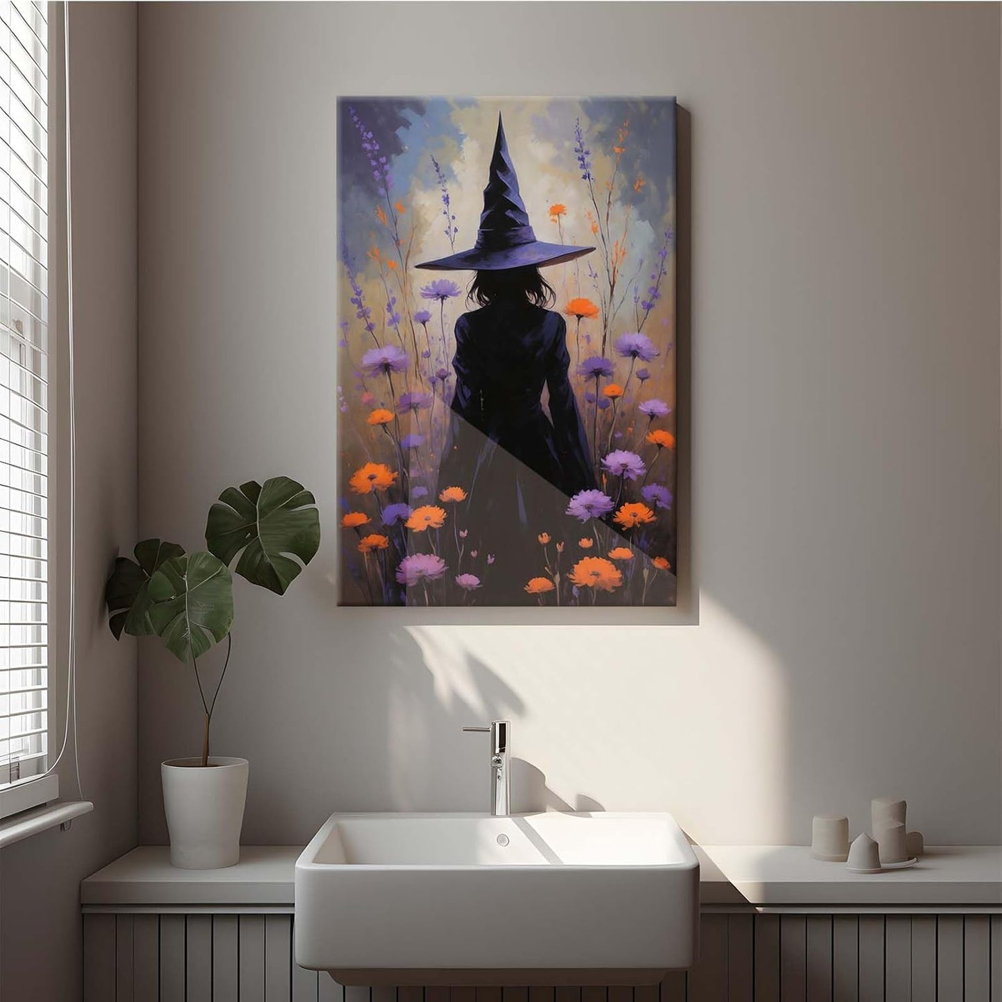 JFHCQJPK Country wildflower witch canvas print halloween mashup art witch purple decoration bohemian elegant art poster20x30in Frameless