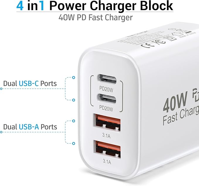 TT&C USB C Block 40W, 4 Ports Wall Plug Fast Charging Block, PD+QC Multiport - Image 3