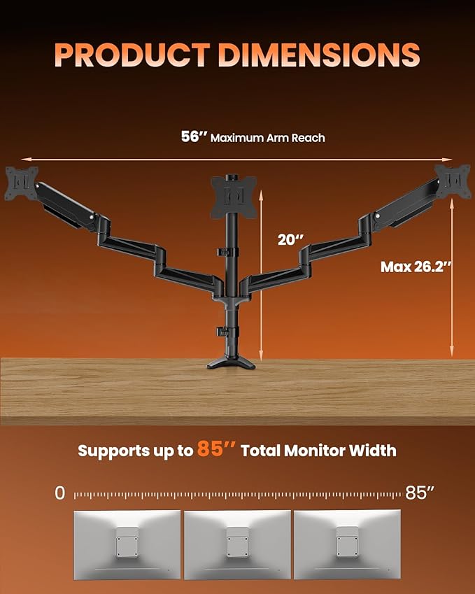 ErGear Triple Monitor Mount, Fully Adjustable Gaming 3 Monitor Desk Mount - Image 3