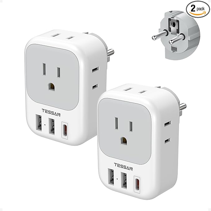 TESSAN 2 Pack Type E F Plug Adapter, Germany France Power Travel Adaptor by TESSAN