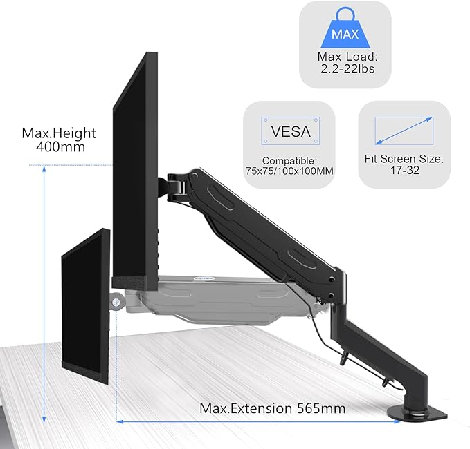Gas Spring Monitor Arm 32 Inch, Adjustable Single Monitor Desk Mount - Image 4
