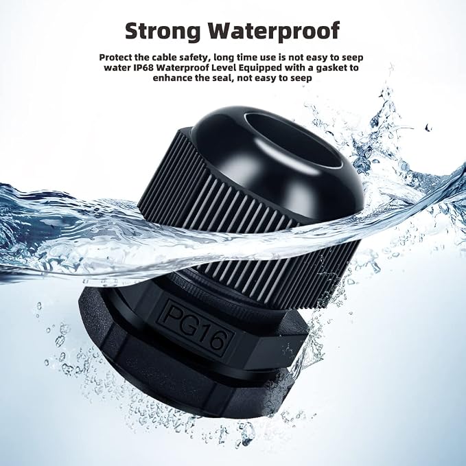 Cable Gland 20 Pack Plastic Waterproof Adjustable Connector 9-14mm PG16 Strain - Image 2