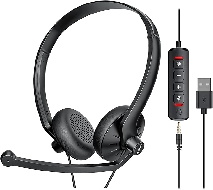USB Headset with Microphone for PC Laptop by FEABASK