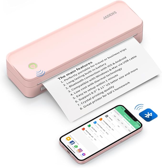 JADENS Pink Bluetooth Thermal Printer, Support 8.5" X 11" US Letter, Portable by JADENS