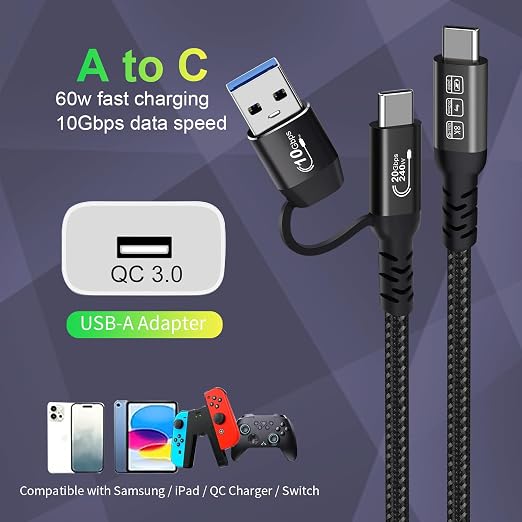 CABLEDECONN USB2.0 A to USB C 3.2 Type C 20Gbps Male to Male Detachable 0.5m - Image 3