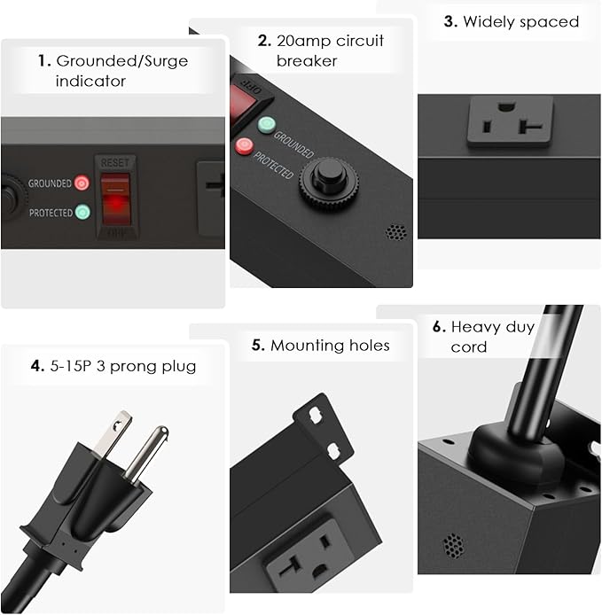 JUNNUJ Long Metal 16 Outlet Power Strip, Heavy Duty Power Strips Surge - Image 6
