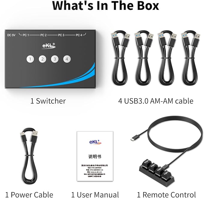 eKL USB 3.0 Switch 4 Computers Sharing USB Peripherals, 4 Port USB Switcher - Image 7