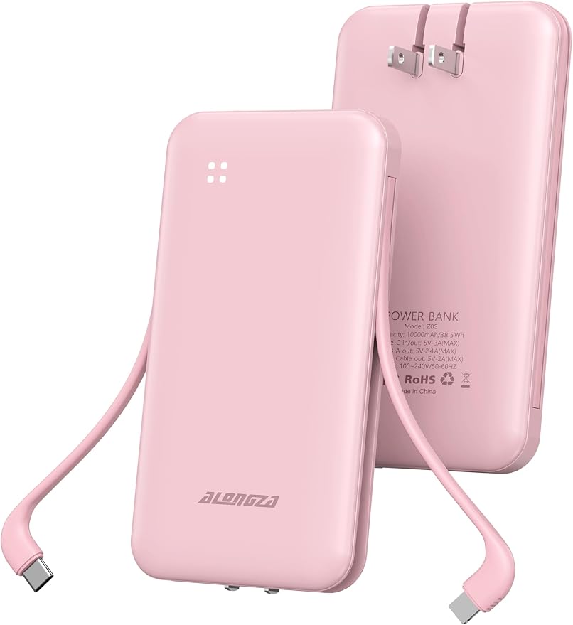 Alongza Portable Charger Built-in Cables and AC Wall Plug, Slim Fast Charging by Alongza