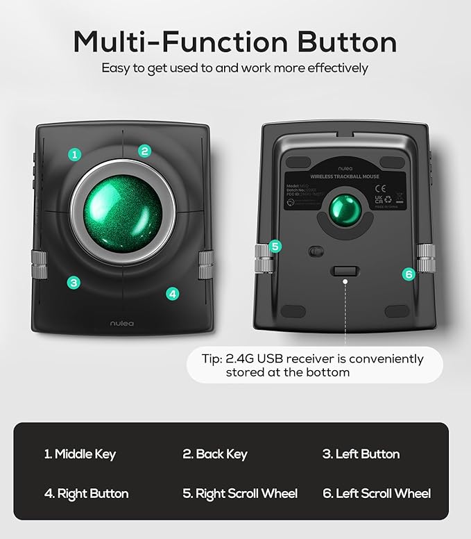 Nulea M512 Wireless Trackball Mouse, Ergonomic 55mm Trackball, Adjustable DPI - Image 8