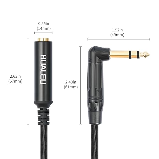 HUAELU 2Pack 6FT Right Angle 6.35mm TRS Stereo Male to Female Audio Cable - Image 3
