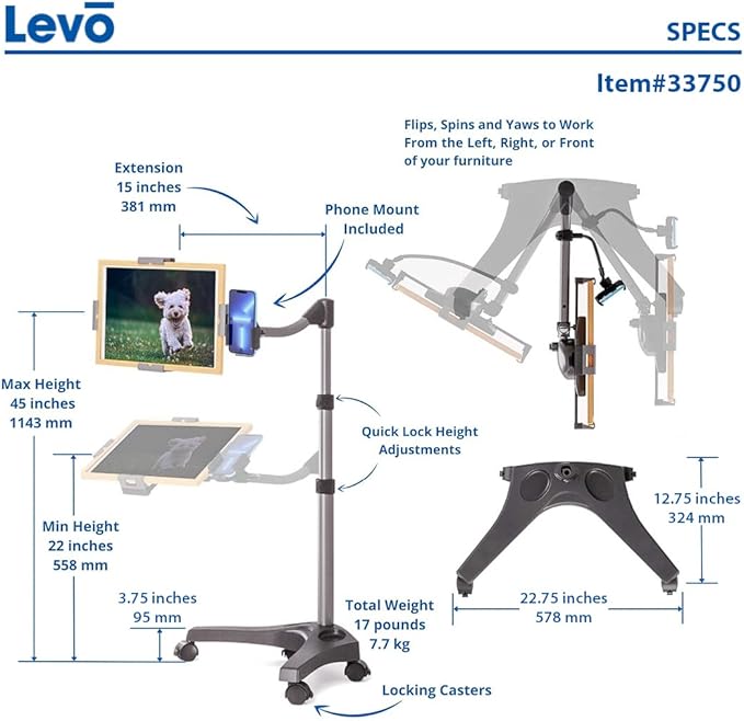 Levo V16 Tablet Floor Stand for iPads, iPad mini, New iPad Pro, Surface Pro - Image 5