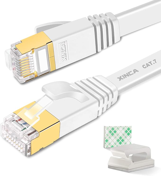 Cat 7 Flat Ethernet Cable 50ft White, High Speed 10GB Shielded LAN Internet by XINCA