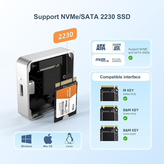 MAIWO USB-C Enclosure for M.2 2230 PCIe NVMe NGFF SATA SSDs, 10Gbps Full Metal - Image 2