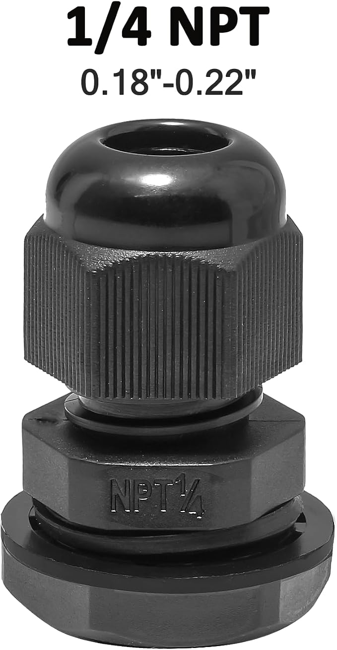20 Pcs 1/4" NPT Nylon Cable Glands, IP68 Waterproof Adjustable Cord Grip Cable - Image 2