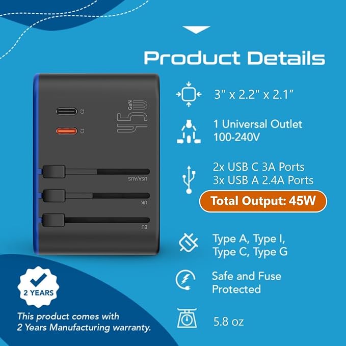 Ceptics Universal Travel Adapter, 45W International Power Adapter - Image 6