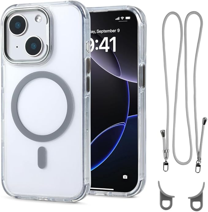 for iPhone 15 Case with 62.99 inch Lanyard, Classic Clear&Gray Magnetic Phone by QATYYY