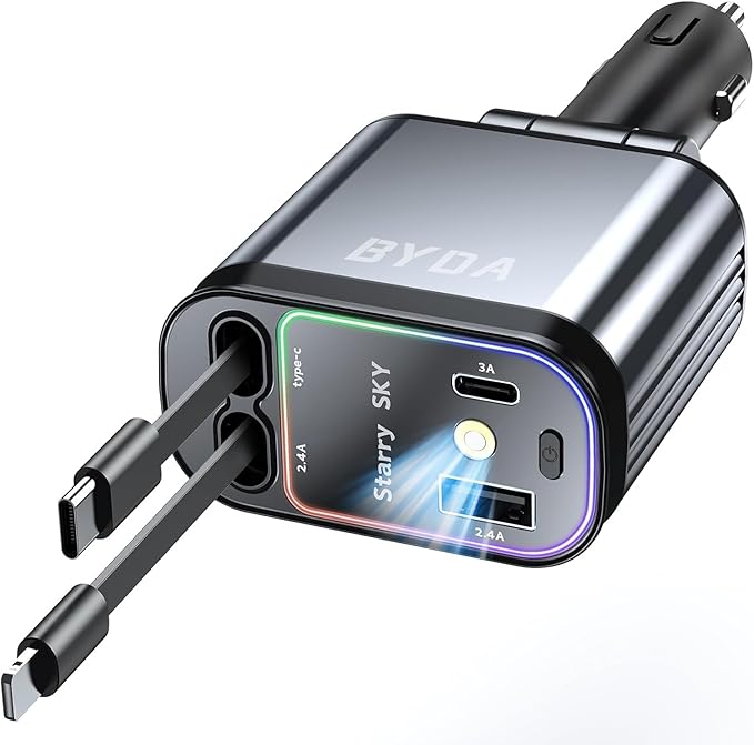 4 in 1 Retractable Car Charger for iPhone, 69W USB-C Fast Car Charger by BYDA