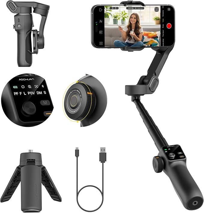 3-Axis Gimbal Stabilizer for iPhone, Smartphone Gimbal w/7.8" Extension Rod by AOCHUAN