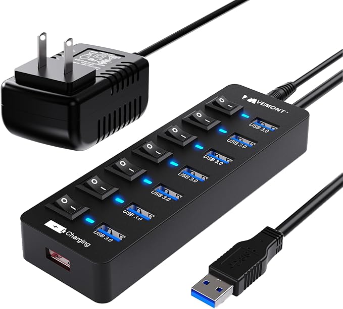 Powered USB Hub 3.0, VEMONT 7 Ports Multi USB hubs and 1 USB Smart Charging Port - Image 7