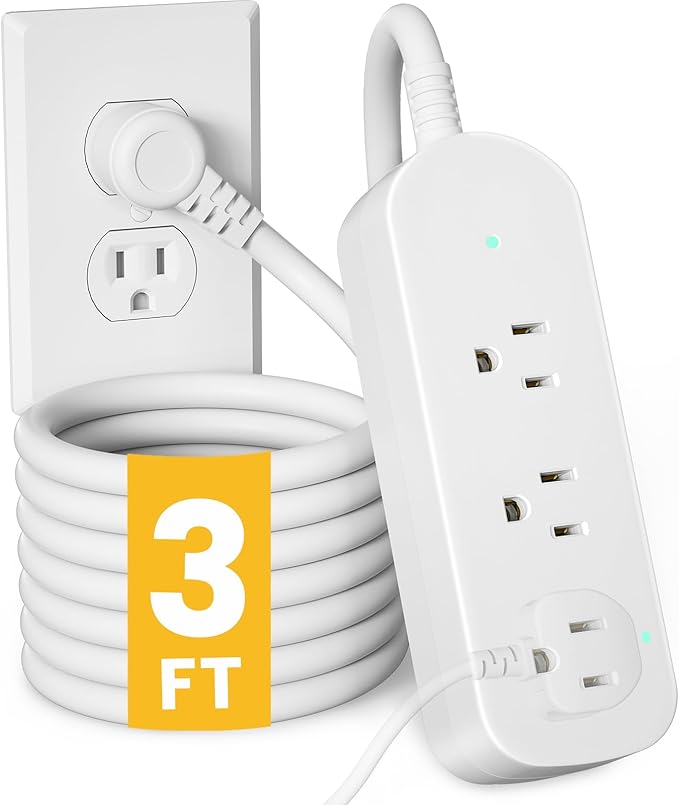 3ft Extension Cord, 3 Outlets Small Power Strip, Mountable Power Strip by COVOZON