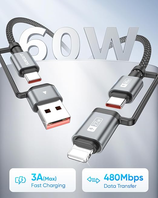 SUNGUY 4 in 1 Charging Cable 3FT, 60W Multi Charging Cable, USB-C/A to - Image 3