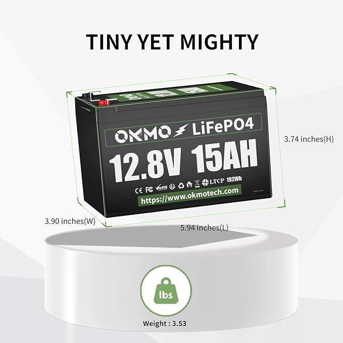 OKMO 12V 15Ah LiFePO4 Lithium Battery 12.8V, 4000+ Deep Cycles rechargeable - Image 8