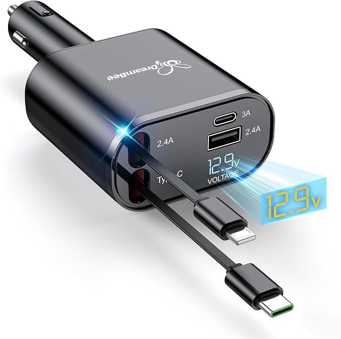 DreamBee Retractable Car Charger, 66W 4 in 1 Super Fast Charge Car Phone Charger by PowerYourWorldWithDreamBee