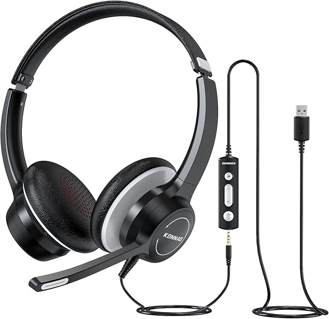 USB Headset with Microphone, 3.5mm Wired Computer Headsets with Noise by KONNAO
