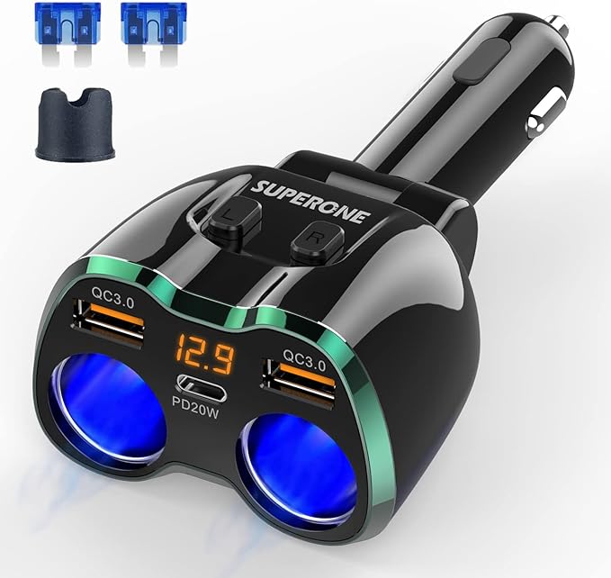 Cigarette Lighter Splitter, SUPERONE 180W 2-Socket Cigarette Lighter Adapter by SUPERONE
