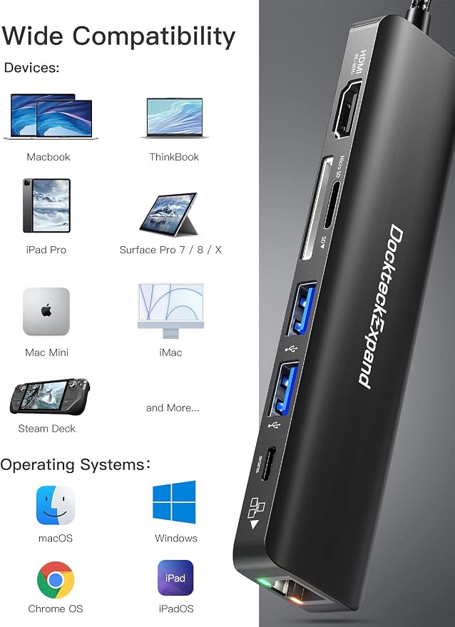 USB C Hub Multiport Adapter, DockteckExpand USB C Dongle 7 in 1 - Image 8