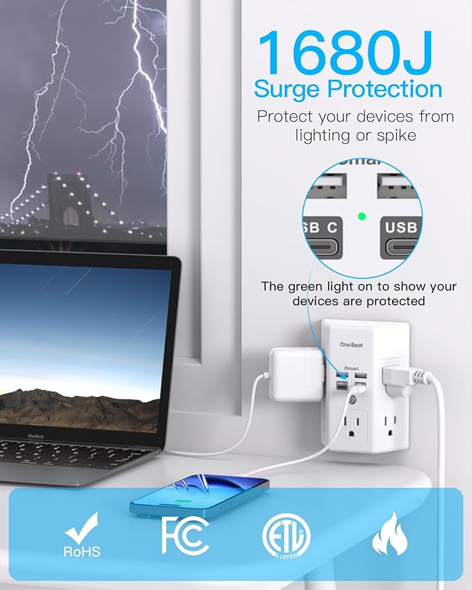One Beat Surge Protector Wall Outlet Extender, 5 Outlets & 4 USB Ports - Image 6