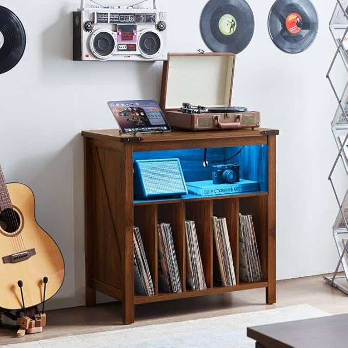 Large Record Player Stand with Charging Station & LED Lights, Vinyl Records - Image 2