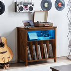 Large Record Player Stand with Charging Station & LED Lights, Vinyl Records - Image 2