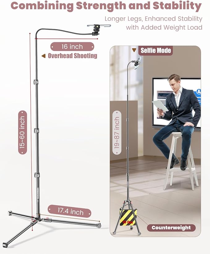 87" Phone Tripod, Overhead Flexible Tall Tripod Stand - Image 5