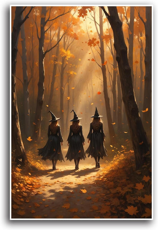 JFHCQJPK Three witches walking in the forest in autumn canvas painting gothic poster halloween print country witch wall art for home decoration28x40in Frameless