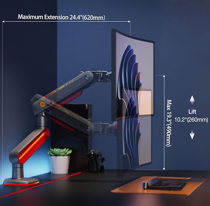 RGB Gaming Monitor-arm for Flat/Ultrawide/Curved Monitors 32 to 60 inch - Image 3