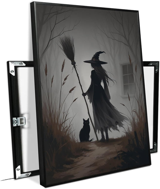 JFHCQJPK Vintage forest witch and black cat poster Halloween mural poster decoration mural art magic suitable for home living room bedroom12x16in Metal blackFramed