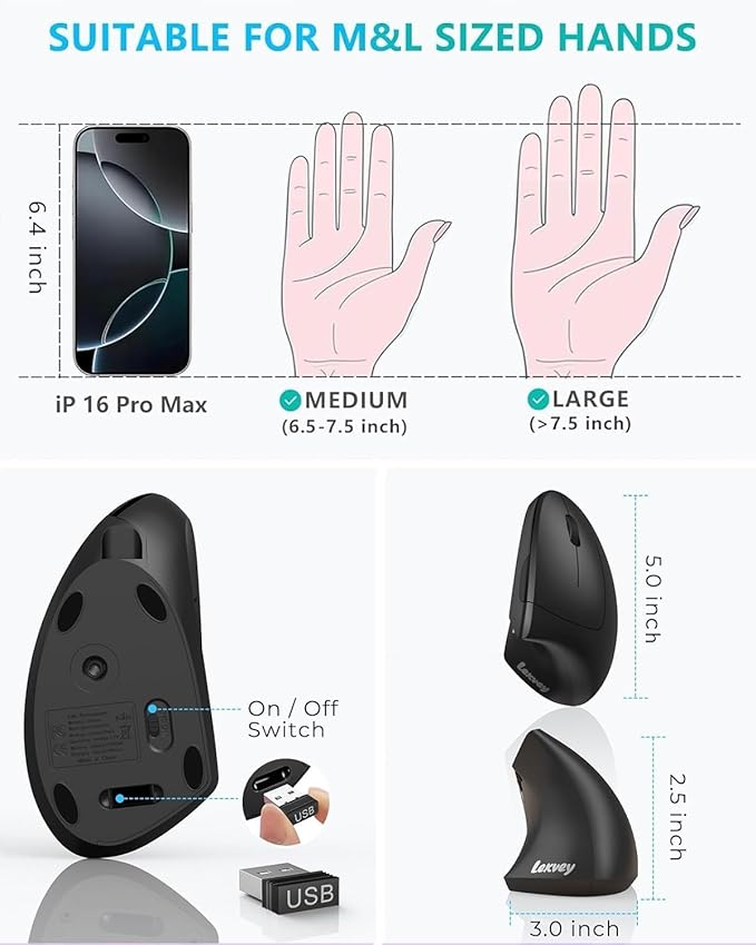 Lekvey Ergonomic Mouse, Vertical Wireless Mouse: Rechargeable Optical Carpal - Image 6