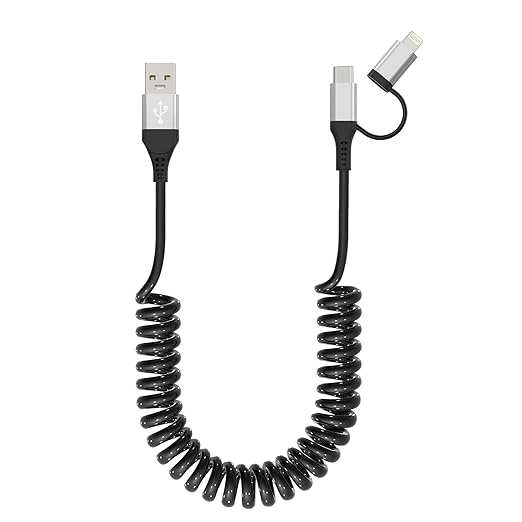 USB to USB-C and Lightning Cable 2 in 1 Coiled Cable Support Aple Carplay & by KETAKY+Plus