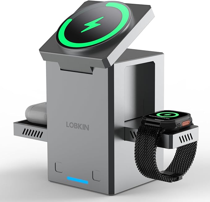 LOBKIN 3 in 1 Charging Station, Qi2 15W Foldable Intelligent Fast Wireless by LOBKIN