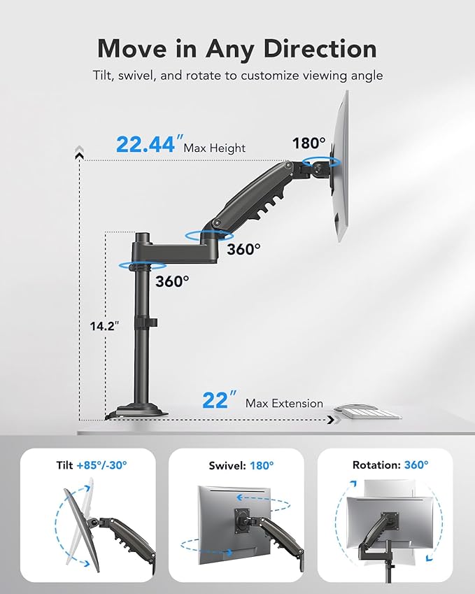 HUANUO Single Monitor Arm, Adjustable Desk Mount - Image 4