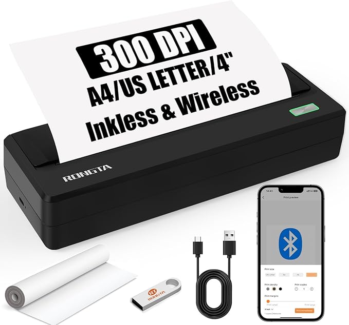 Inkless Portable Printer for Travel, Wireless Thermal Printer Support 8.5 x 11 by RONGTA