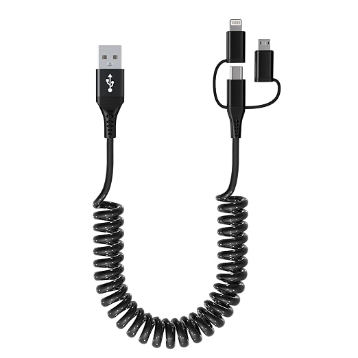 USB to USB-C Lightning Micro-USB Cable Combo 3 in 1 Coiled Cable Support by KETAKY+Plus
