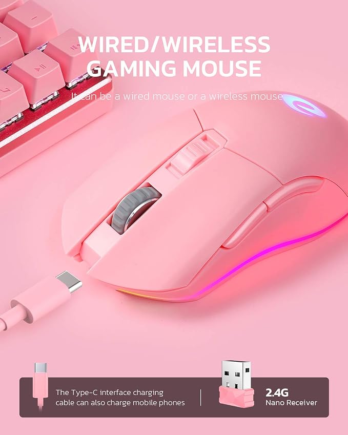 DAREU Pink Wireless Wired Gaming Mouse Dual-Mode Rechargeable 7 Programmable - Image 3