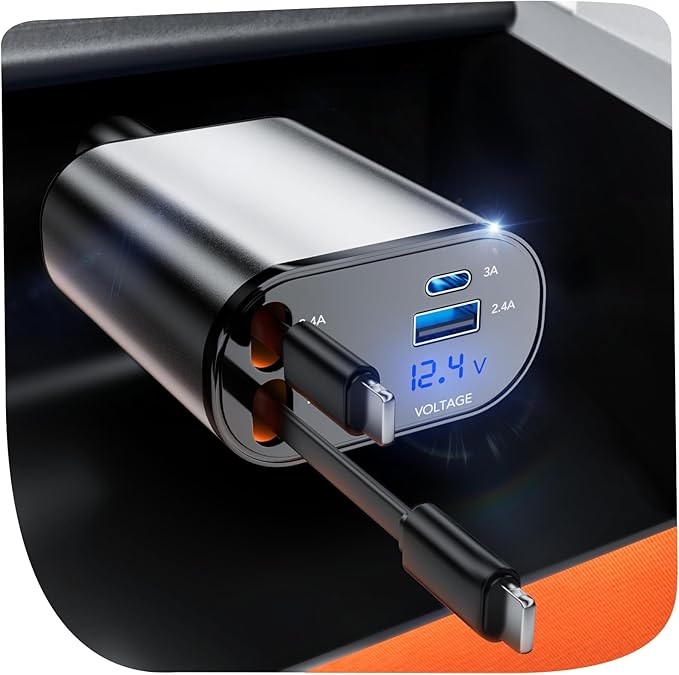 Retractable Car Charger, 4 in 1 Fast Charging 69W, Cigarette Lighter Adapter 2 by EloBeth