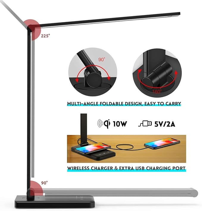 LED Desk Lamp with Wireless Charger, USB Charging Port, 10 Brightness, 5 Color - Image 4