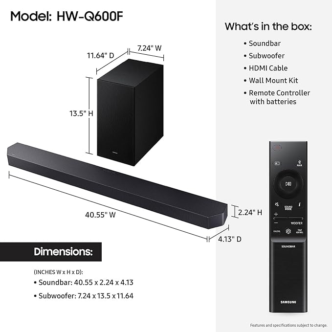 Samsung Q-Series Soundbar HW Q600F 3.1.2 ch Subwoofer SpaceFit Sound Pro - Image 2